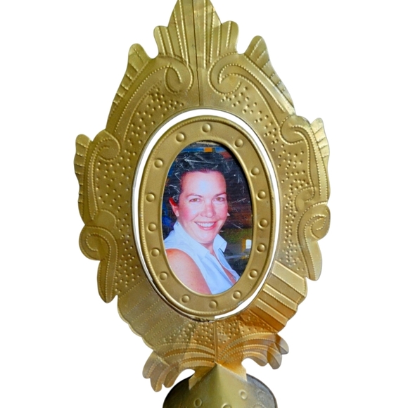 Very Unique Hand Crafted Punched Tin Gold Pictire Frame One Of A Kind - Picture 1 of 9